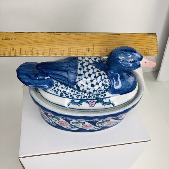 VTG Blue Duck on a Nest Figural Lid Trinket Dish Bowl Floral Cottage Farmhouse - Picture 3 of 7